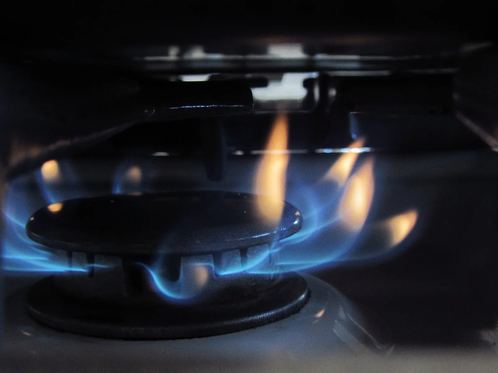 A gas burner alight
